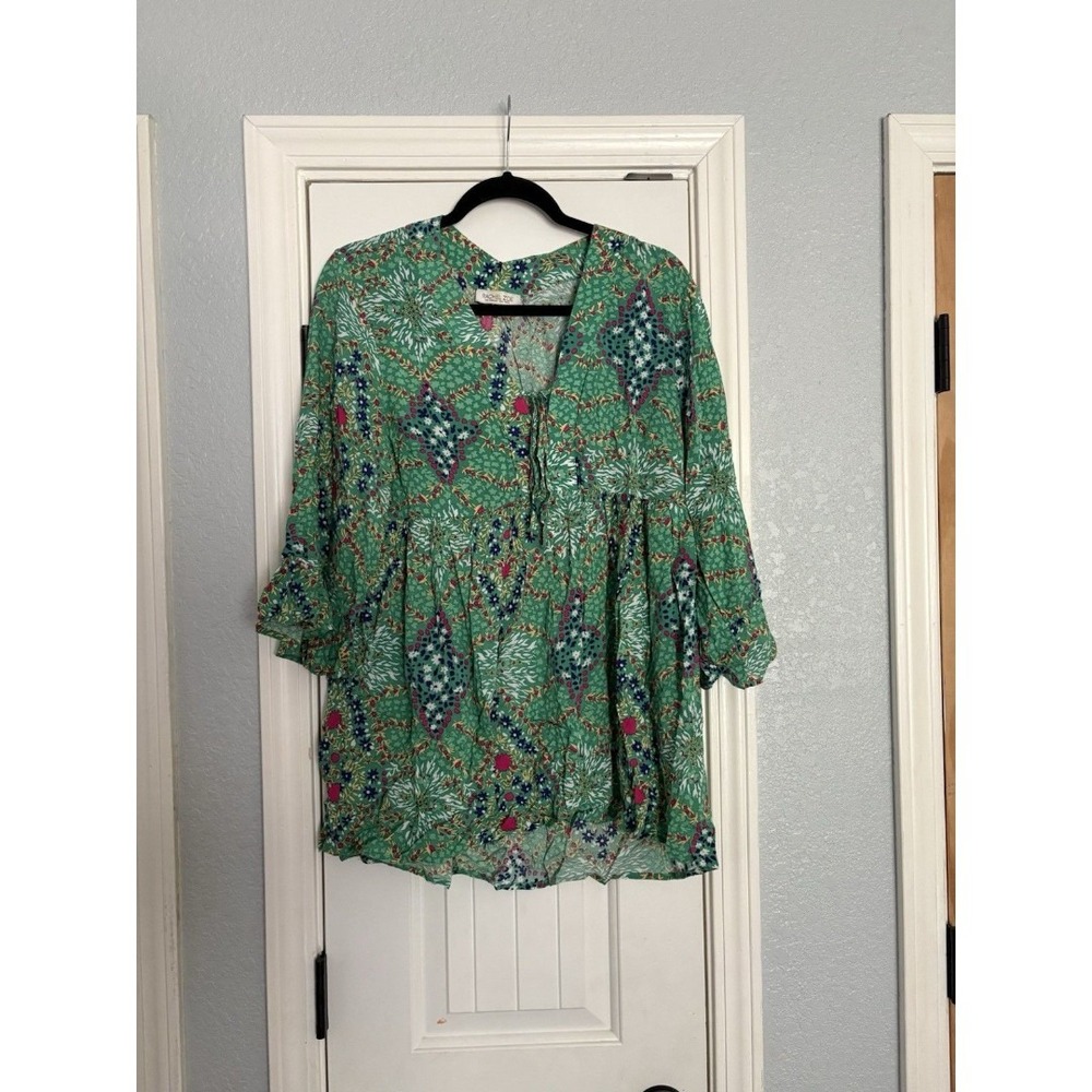 Rachel Zoe Green Boho Peasant Blouse Floral Flowy‎ Top Medium Cottagecore